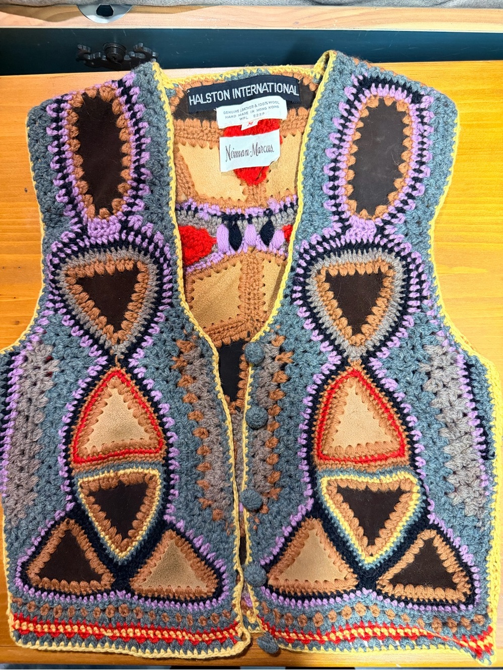 Vintage Halston International Wool Suede Crochet Vest Neiman Marcus Boho M